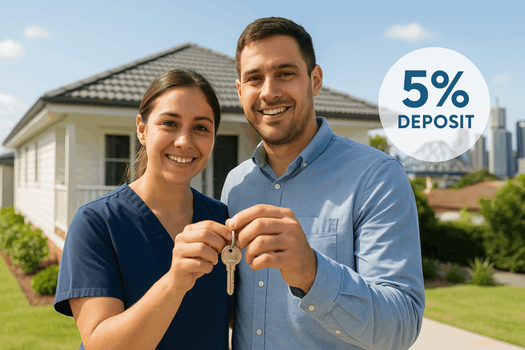 Australian couple, including a nurse, holding keys in front of a Queensland home, celebrating first homeownership
