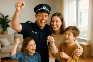 Police officer celebrating home loan approval
